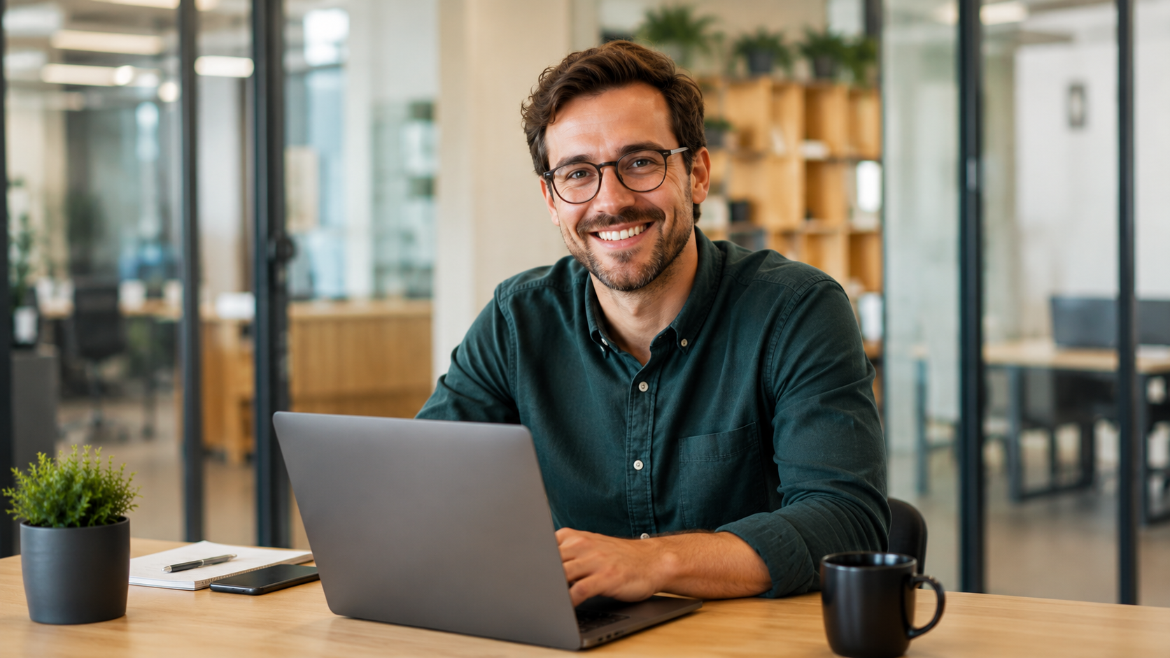 Indépendant content travaillant sur son laptop avec OflowD